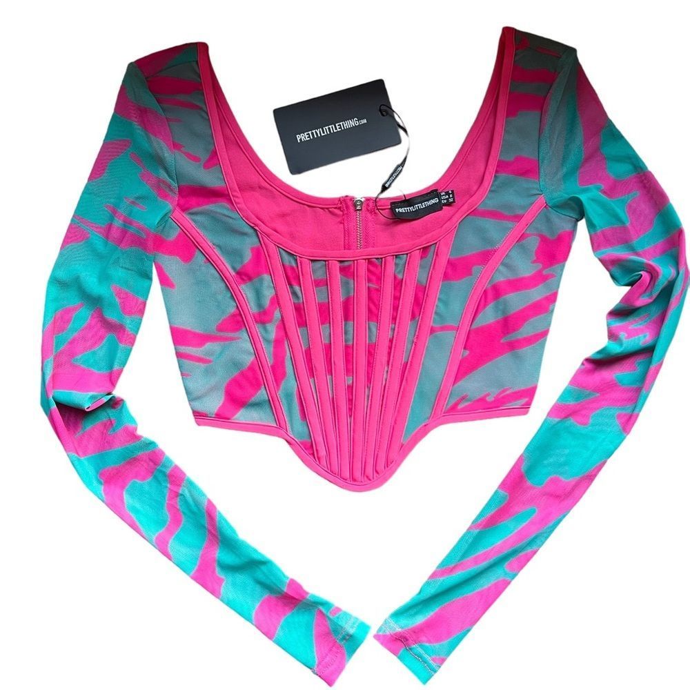 Women’s prettylittlething teal/hot pink long sleeve corset top size 0 NWT*